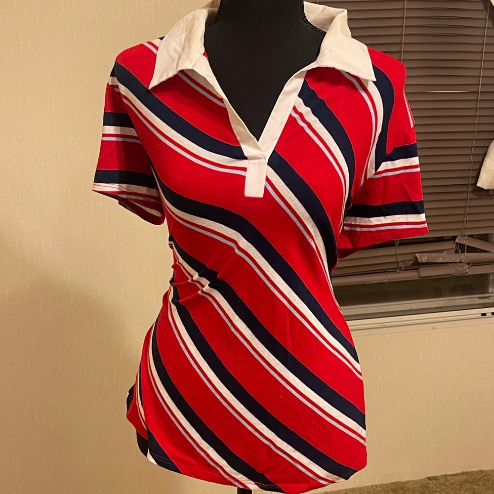 Red and Navy Striped Women's Polo Shirt